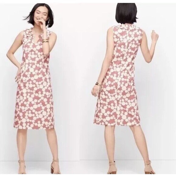 NWT TALBOTS RUFFLE NECK POPLIN SHIFT DRESS POLKA DOT Mauve Cotton Sz 16 - Picture 1 of 8
